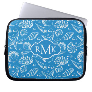 Blaues Monogramm des Strand-Muster-  Laptopschutzhülle
