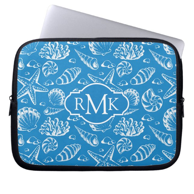 Blaues Monogramm des Strand-Muster-| Laptopschutzhülle (Vorderseite)