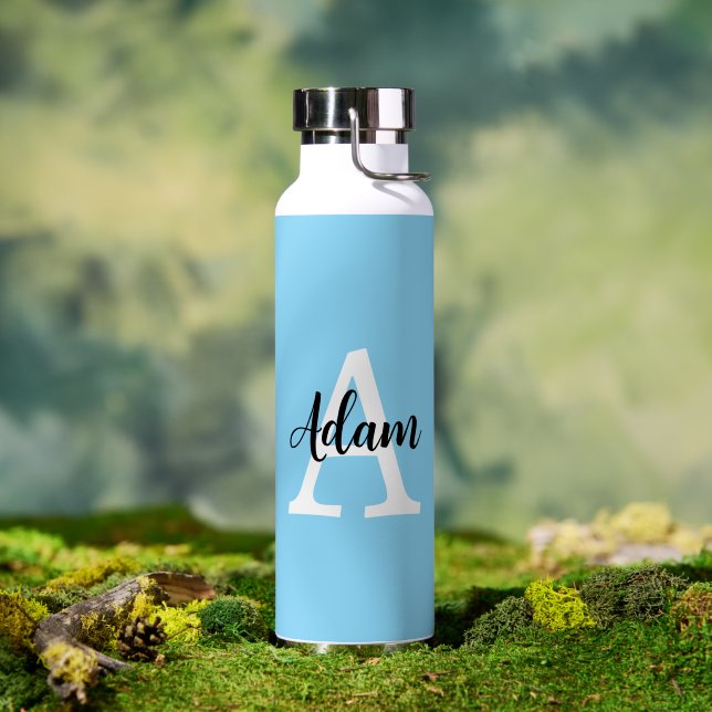 Blaues Monogramm-Name-Script Personalisiertes Desi Trinkflasche (Außenbereich (gedreht))