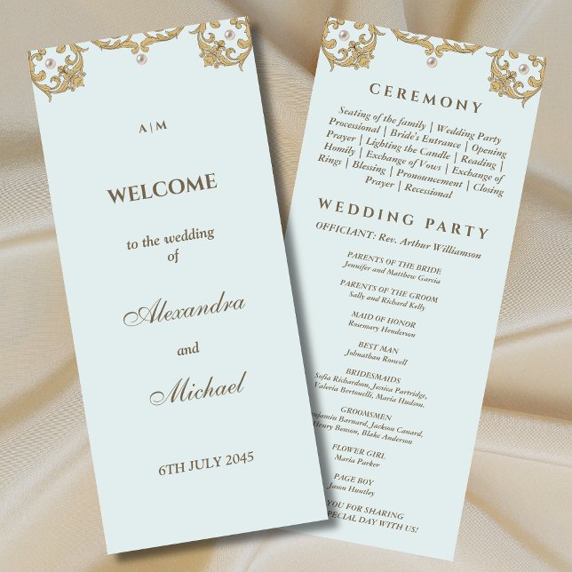 Blaues Monogramm-Perlen-Hochzeitsprogramm im Vinta Programm (Von Creator hochgeladen)