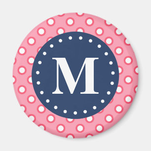 Blaues Monogramm Pink Polka Dots Muster Magnet