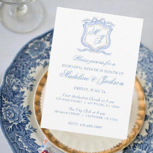 Blaues Monogramm Wappen Probe Abendessen Einladung