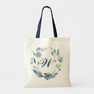 Blaues Monogramm Watercolor Blumenkranz Tragetasche