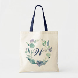 Blaues Monogramm Watercolor Floral Wreath Tragetasche