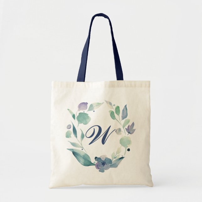 Blaues Monogramm Watercolor Floral Wreath Tragetasche (Vorne)
