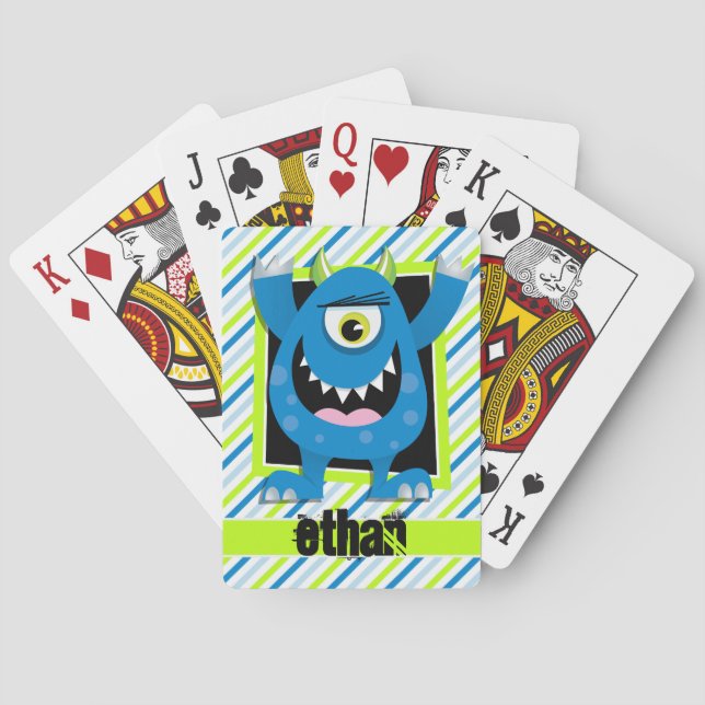 Blaues Monster; neongrüne, weiße Streifen Spielkarten (Rückseite)