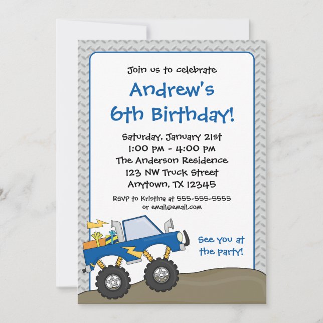 Blaues Monster Truck Geburtstag Einladungen (Vorderseite)