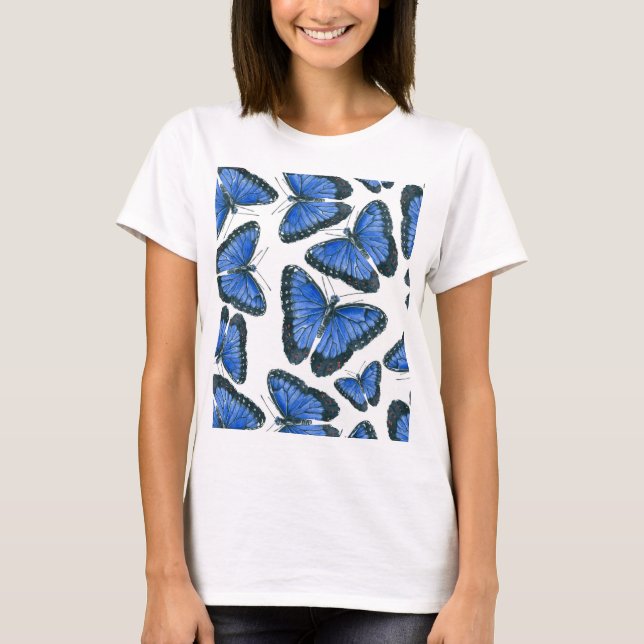 Blaues Morphon-Schmetterling-Muster T-Shirt (Vorderseite)