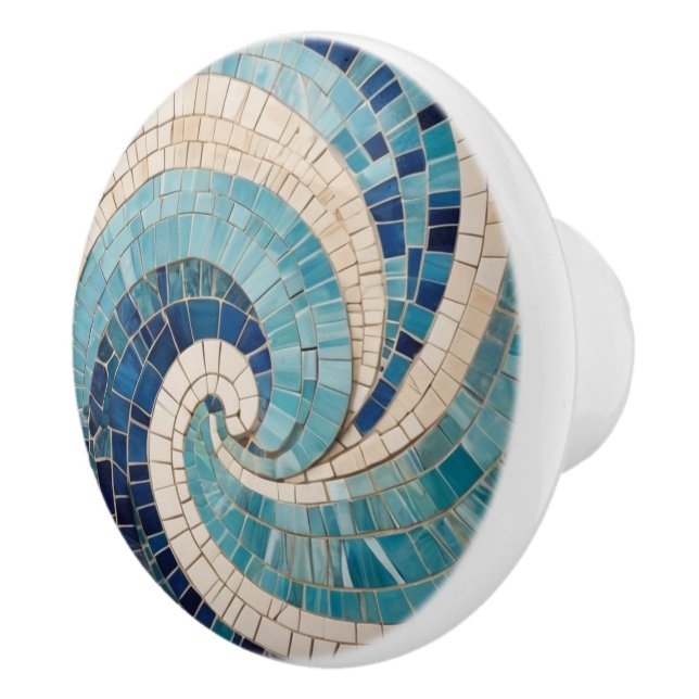 Blaues Mosaik Abstrakt Ocean Wave Swirl Sea Thema Keramikknauf (Rechts)