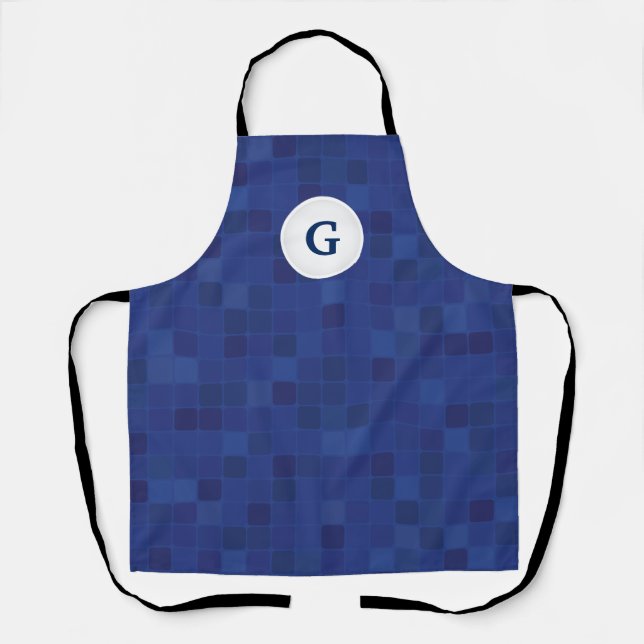 Blaues Mosaikpixelmuster personalisiertes Monogram Schürze (Vorderseite)