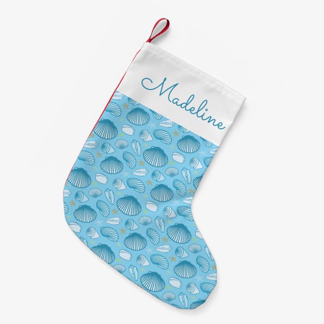 Blaues Muster| Name hinzufügen Kleiner Weihnachtsstrumpf (Vorderansicht (hängend))