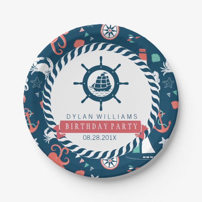 Blaues Nautical Boat Wheel & Marine Life Pattern Pappteller (Vorderseite)
