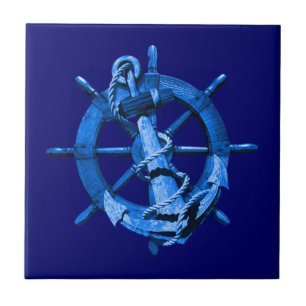 Blaues nautisches Schiffssteuer und Anker Fliese