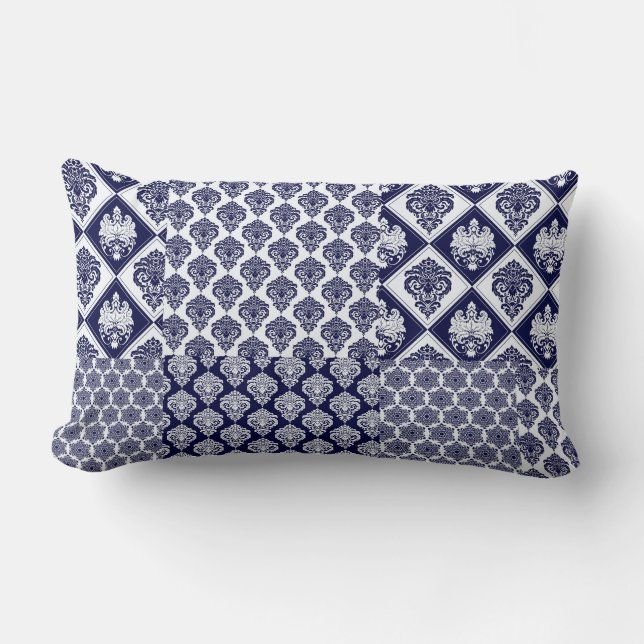 Blaues Navy Patchwork Damask Reversible Pillow Lendenkissen (Vorderseite)
