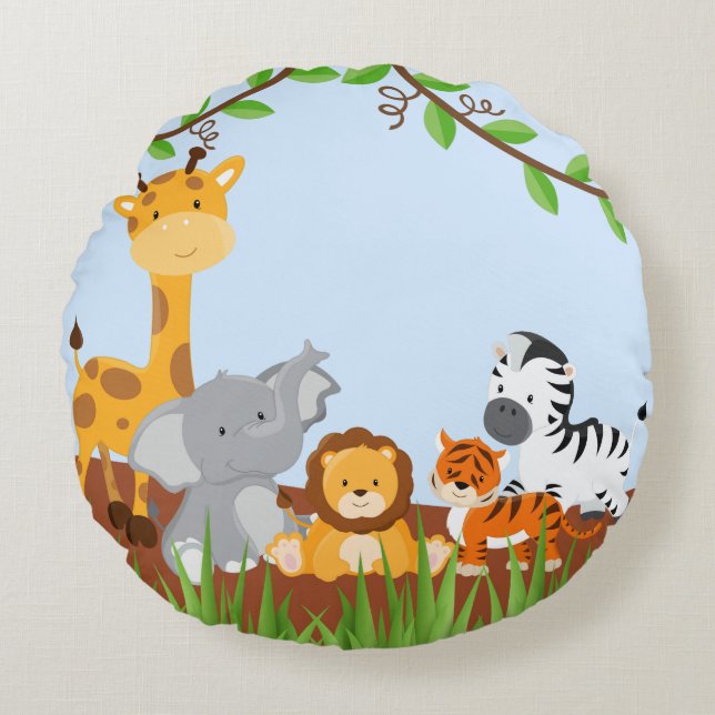 Blaues Niedliches Jungle Baby Runder Pillow Rundes Kissen (Vorderseite)