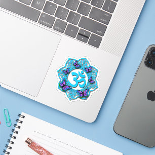 Blaues Ohr-Mandala-Design mit lila Schmetterlingen Aufkleber