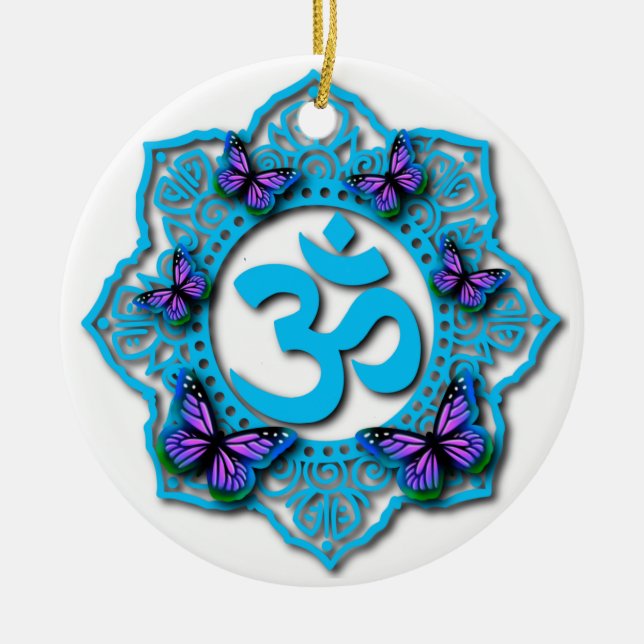 Blaues Ohr-Mandala-Design mit lila Schmetterlingen Keramik Ornament (Vorne)