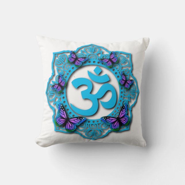 Blaues Ohr-Mandala-Design mit lila Schmetterlingen Kissen (Vorderseite)