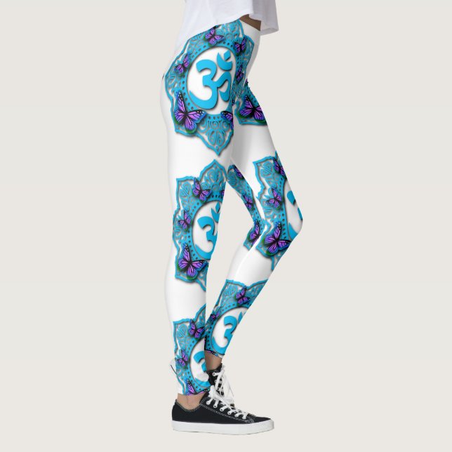 Blaues Ohr-Mandala-Design mit lila Schmetterlingen Leggings (Rechts)