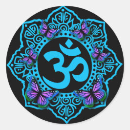 Blaues Ohr-Mandala-Design mit lila Schmetterlingen Runder Aufkleber