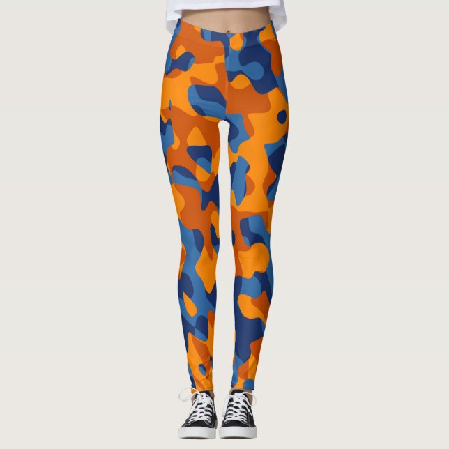 Blaues Orange Camouflage Druckmuster Leggings (Vorderseite)