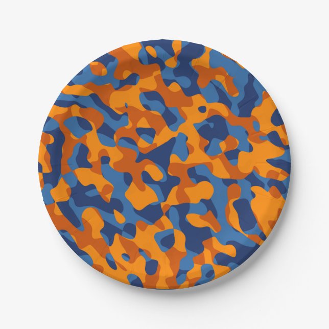 Blaues Orange Camouflage Druckmuster Pappteller (Vorderseite)