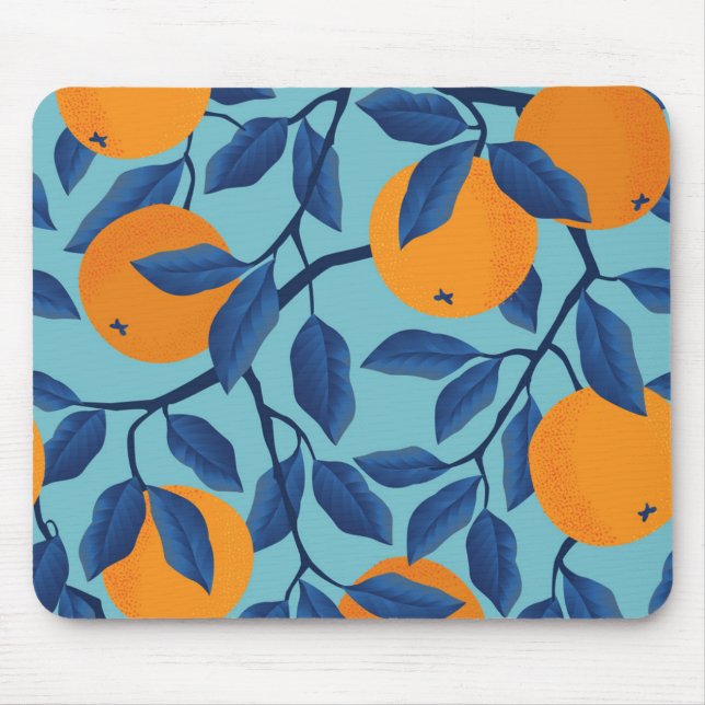 Blaues Orangenzweigmuster Mousepad (Vorne)
