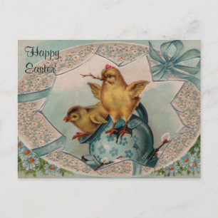 Blaues Osterei und Küken-Vintage Postkarte
