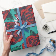 Blaues Papier mit Rote Rosen