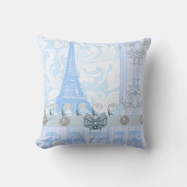 Blaues Paris-Wurfs-Pastellkissen Kissen (Vorderseite)