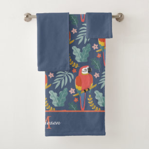 Blaues Parrot Tropisches Monogramm Solid Blue Badhandtuch Set