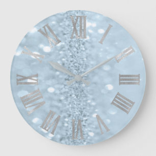 Blaues PastellGlitzer-graues Metallrömische Zahle Große Wanduhr