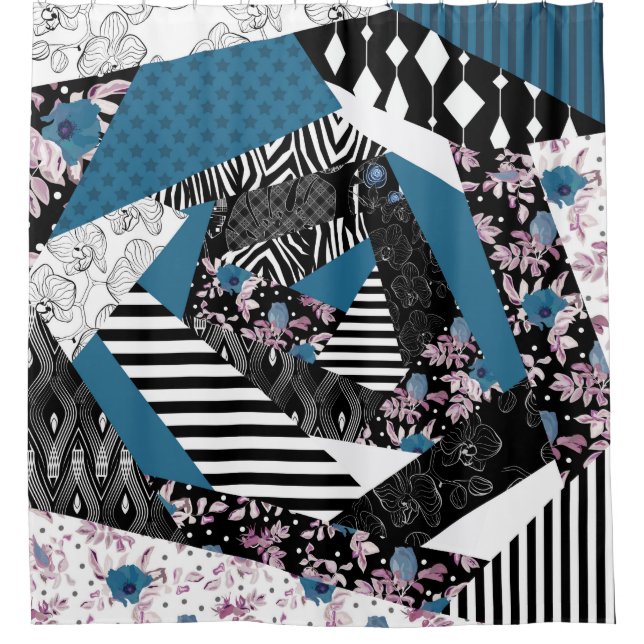 Blaues Patchwork, beliebt, Patchwork, Folk, rustik Duschvorhang (Vorderseite)