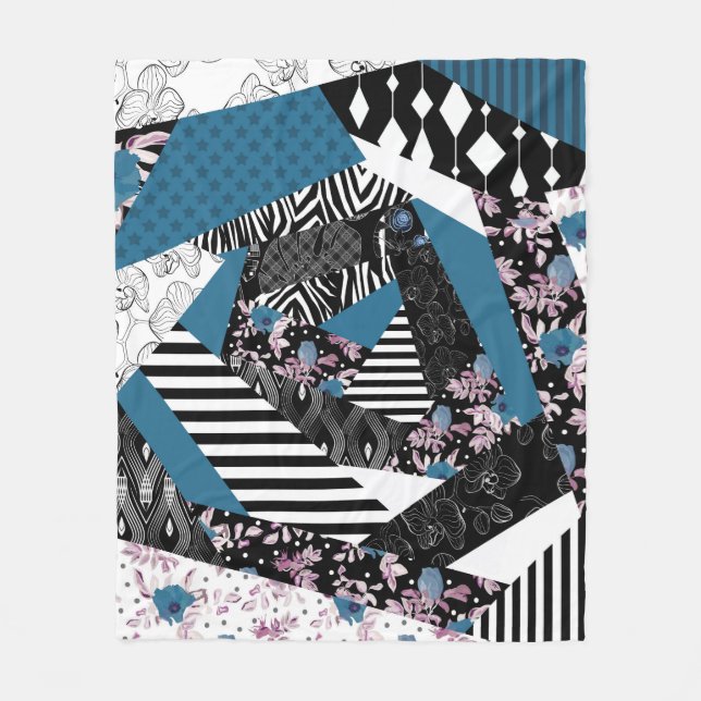 Blaues Patchwork, beliebt, Patchwork, Folk, rustik Fleecedecke (Vorderseite)