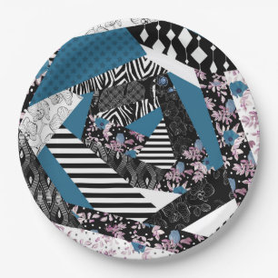 Blaues Patchwork, beliebt, Patchwork, Folk, rustik Pappteller