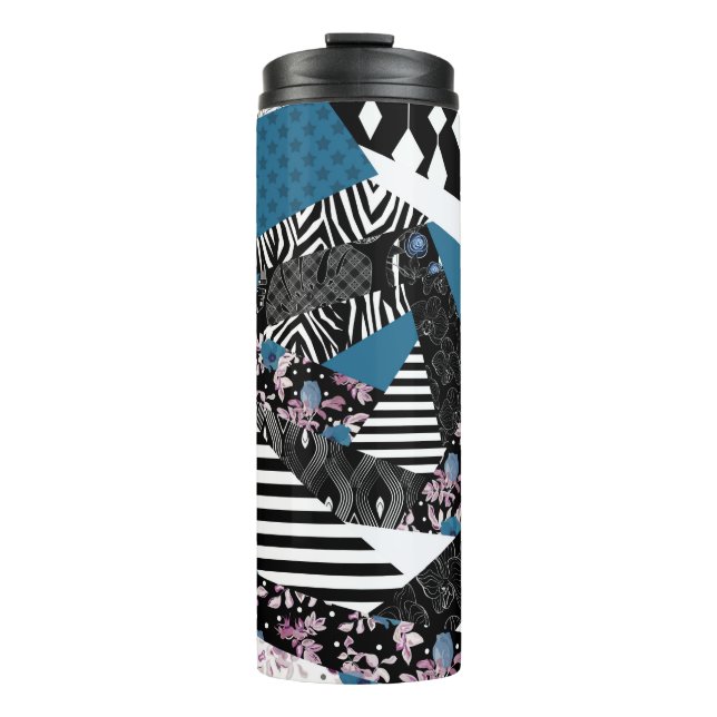 Blaues Patchwork, beliebt, Patchwork, Folk, rustik Thermosbecher (Vorderseite)