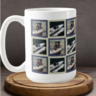 Blaues Patchwork-Muster mit zwei Fotoquadraten Kaffeetasse