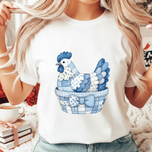 Blaues Patchwork-Osterhuhn Gingham-Blumenmuster T-Shirt