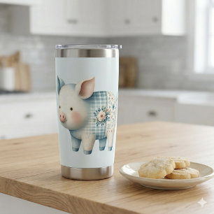 Blaues Patchwork-Schwein Cottagecore-Illustration Thermobecher