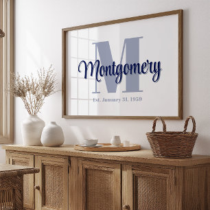 Blaues personalisiertes Familienname-Plakat Hochze Poster