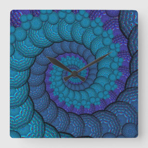 Blaues Pfau-Fraktal-Muster Quadratische Wanduhr