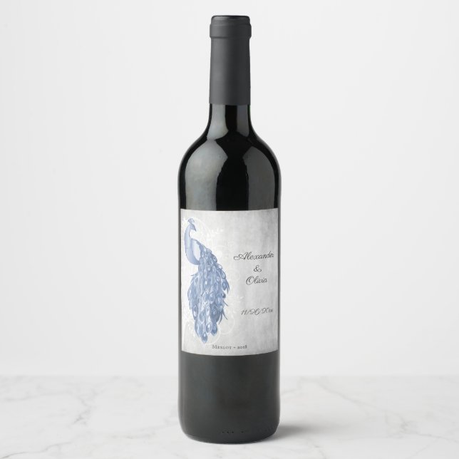 Blaues Pfau Hochzeitwein Weinetikett (Vorderseite)