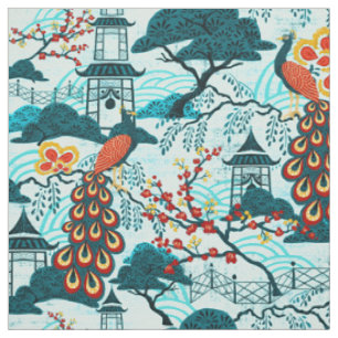 Blaues Pfauchinoiserie-Gewebe Stoff