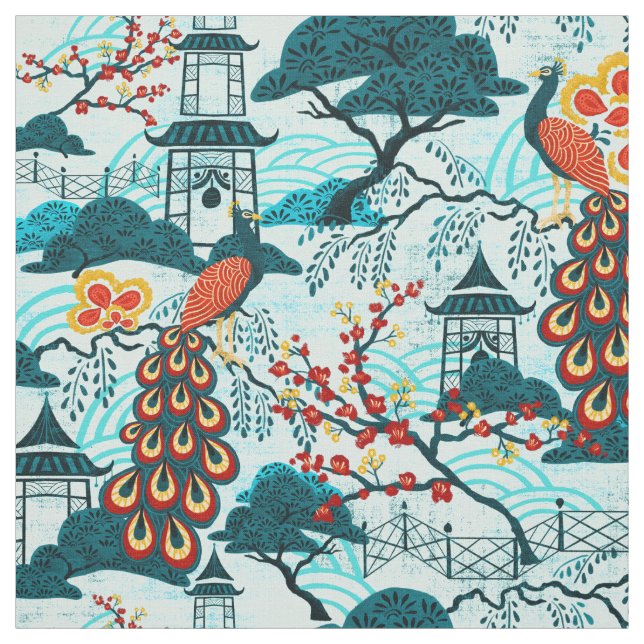 Blaues Pfauchinoiserie-Gewebe Stoff (Muster)