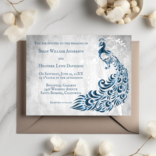 Blaues Pfauenleaf Weintrauben Einladung (Blue Peacock Leaf Vine Wedding Invitation)