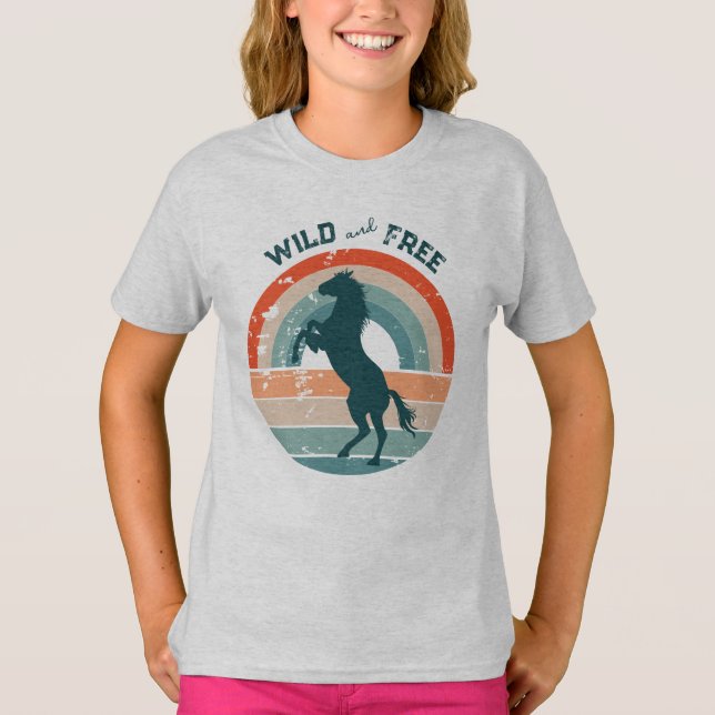 Blaues Pferd Retro Regenbogen Wildfreier T - Shirt (Vorderseite)