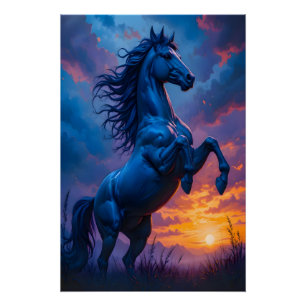 Blaues Pferd Sonnenuntergang Fantasy Art Geschenk  Poster