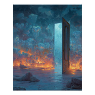 Blaues Portal zwischen karmesinroten Stürmen Poster