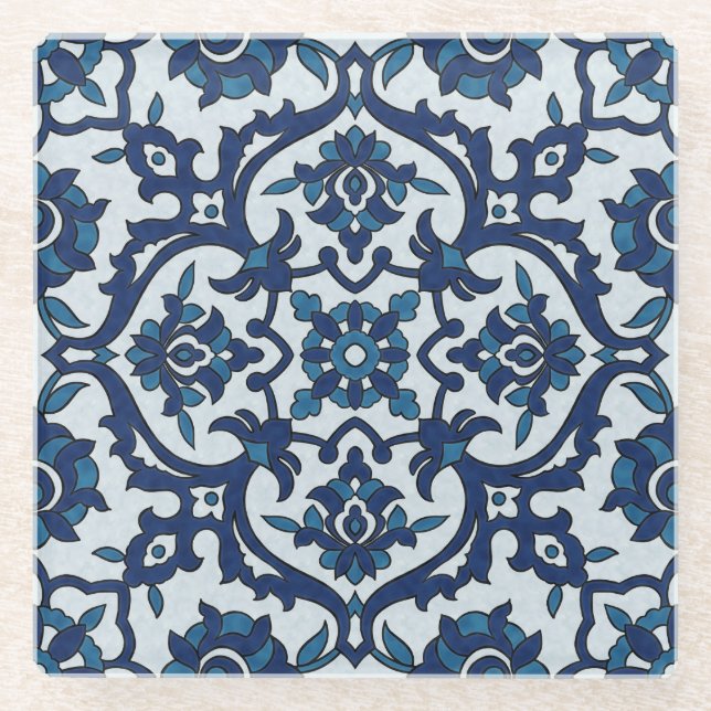 Blaues portugiesisches Azulejos Floral Tile-Muster Glasuntersetzer (Vorderseite)
