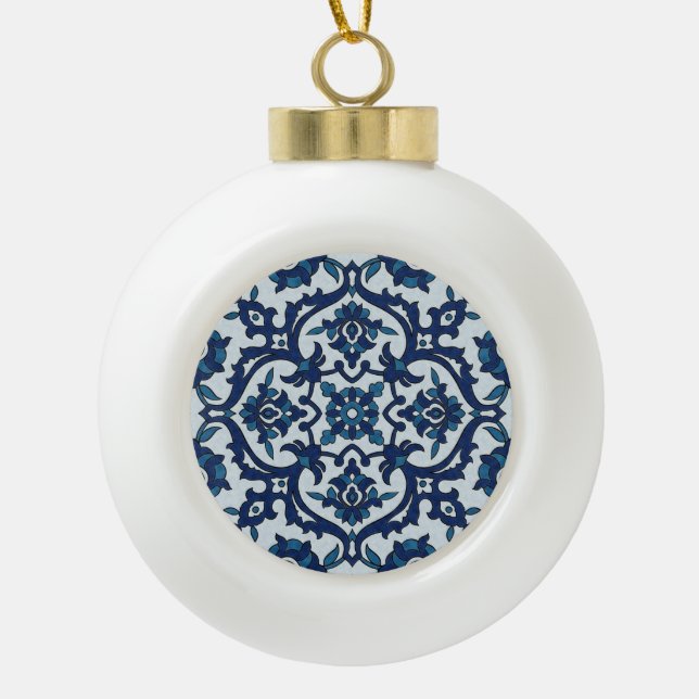 Blaues portugiesisches Azulejos Floral Tile-Muster Keramik Kugel-Ornament (Vorderseite)